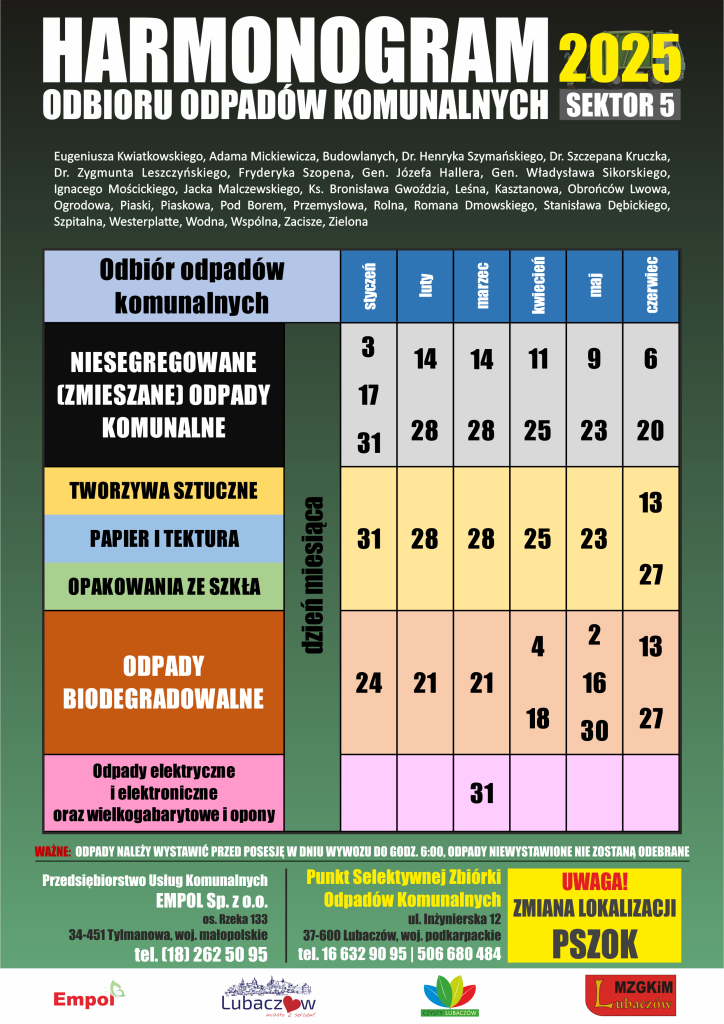 Obraz przedstawiający Harmonogram odbioru odpadów Miasto Lubaczów