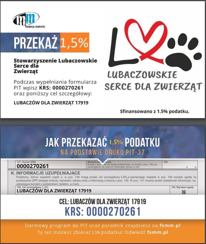 Obraz przedstawiający Twoje 1,5% to realna pomoc. Wspomóż Lubaczowskie Serce dla Zwierząt