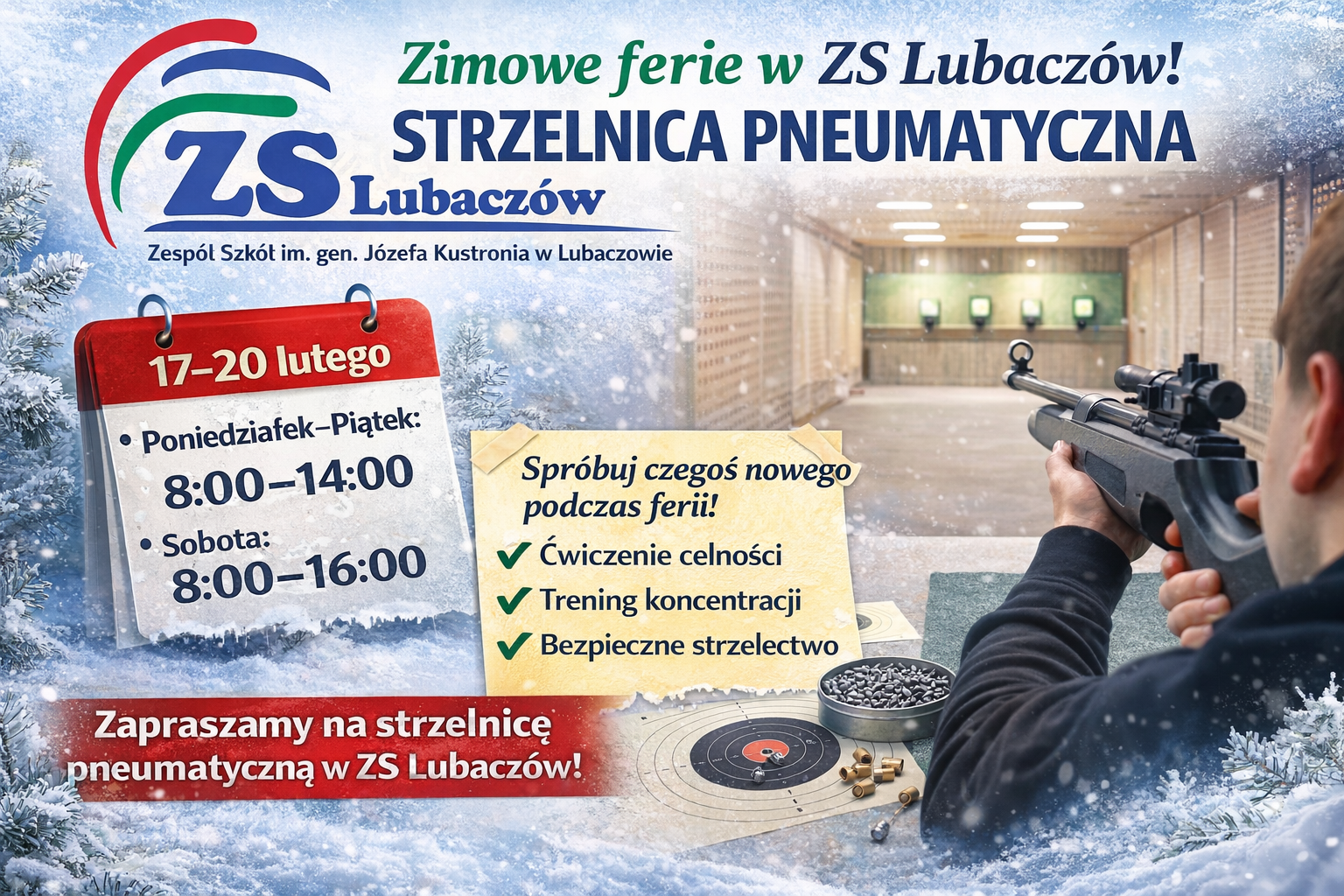 Obraz przedstawiający Ferie na celowniku. Strzelnica pneumatyczna w Zespole Szkół zaprasza